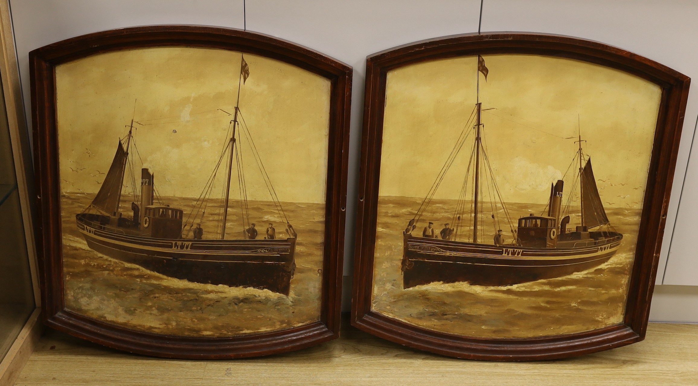 English School, pair of oils on board, 'The Lowestoft steam drifter Blyth Spirit LT77', 68 x 60cm